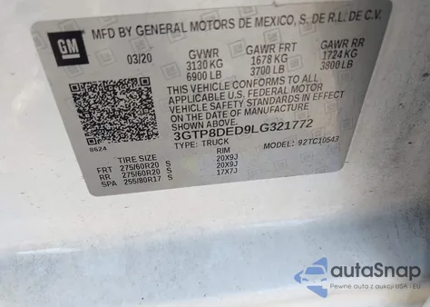 2020 GMC Sierra 1500 2Wd Short Box Slt из США, поврежденный, VIN 3GTP8DED9LG321772